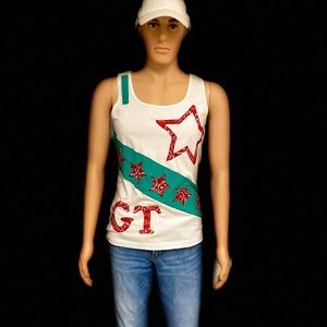GENUINE THREADZ M L WHITE TANK TOP SHIRT GREEN LINE ACROSS FRONT STAR